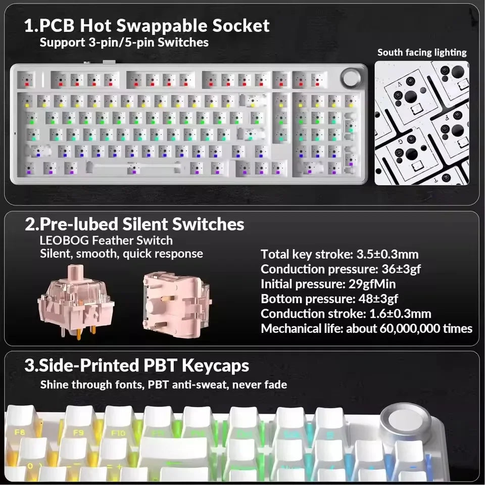 AULA F99 Pro Wireless Silent Mechanical Keyboard Three Mode Hot-Swappable Custom RGB Backlit Translucent Sided Engraved Keyboard